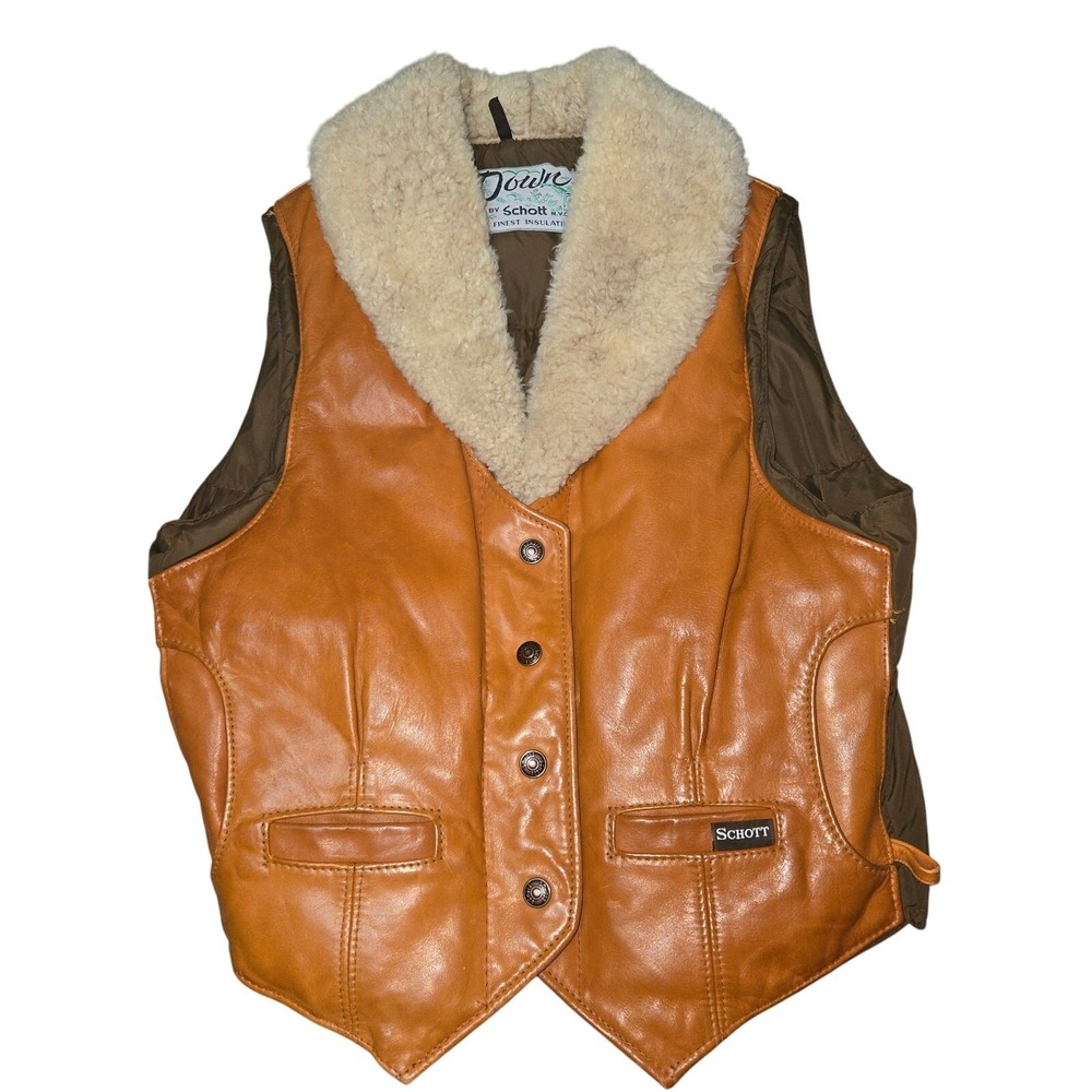 Schott Down Leather Vest Shearling Collar Women's 14 USA Made Vintage